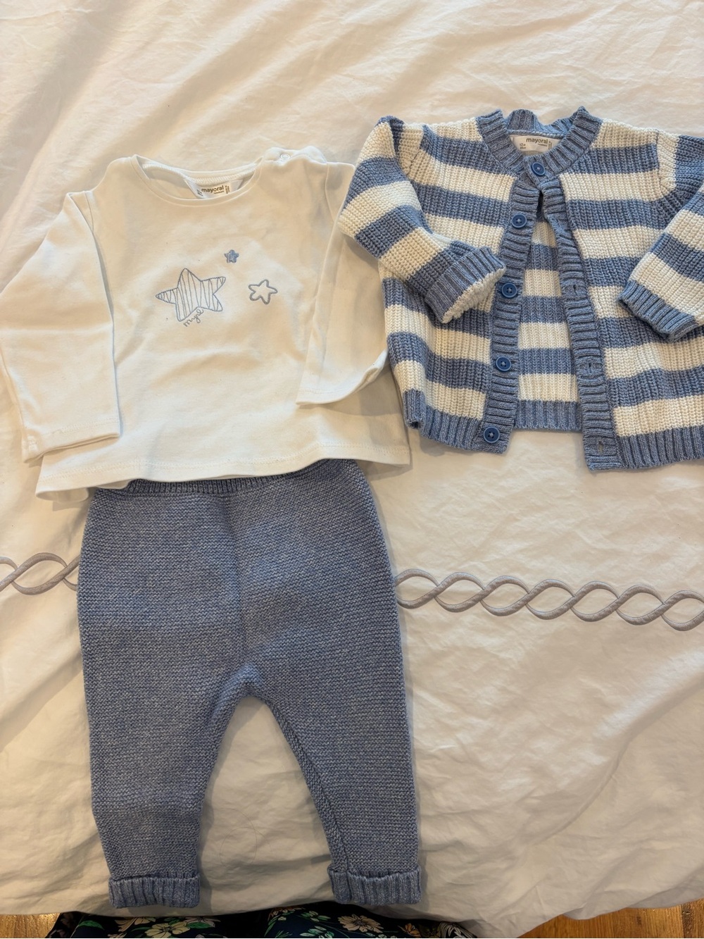 Mayoral Blue & White Baby Knit Cardigan Set 3pc 12m